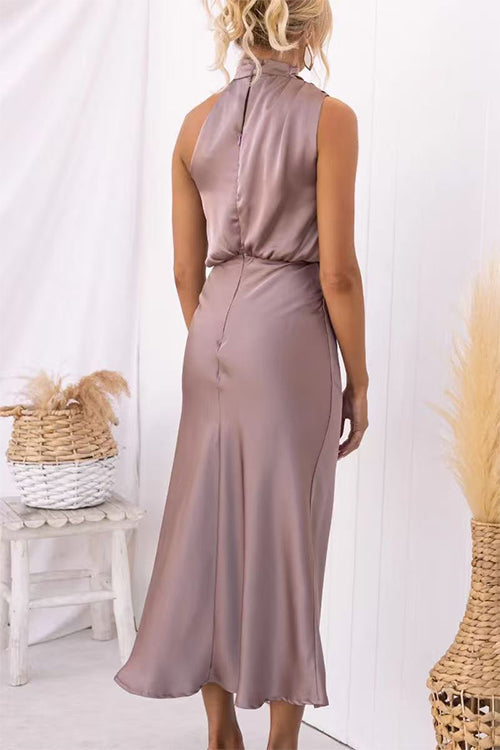 High Neck Zipper Back Waisted Satin Midi Dress
