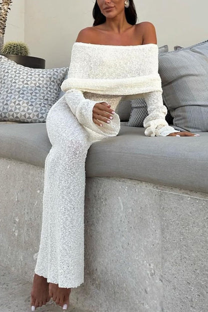 Off Shoulder Long Sleeves Bodycon Knit Maxi Dress