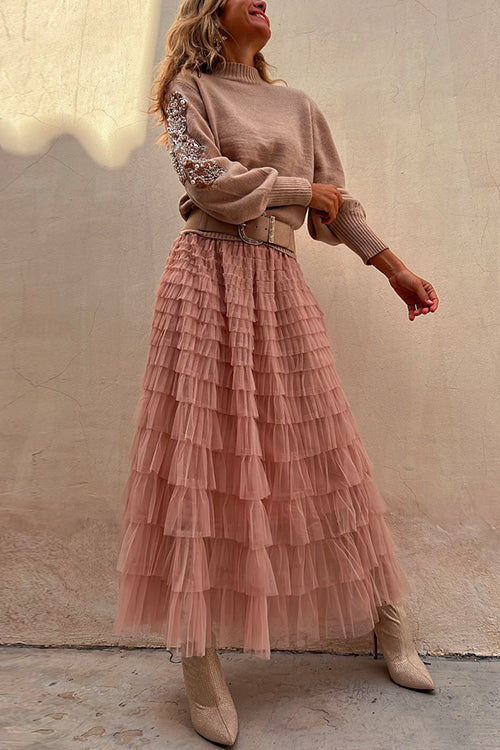 Tulle Layered Ruffle Mesh Maxi Skirt
