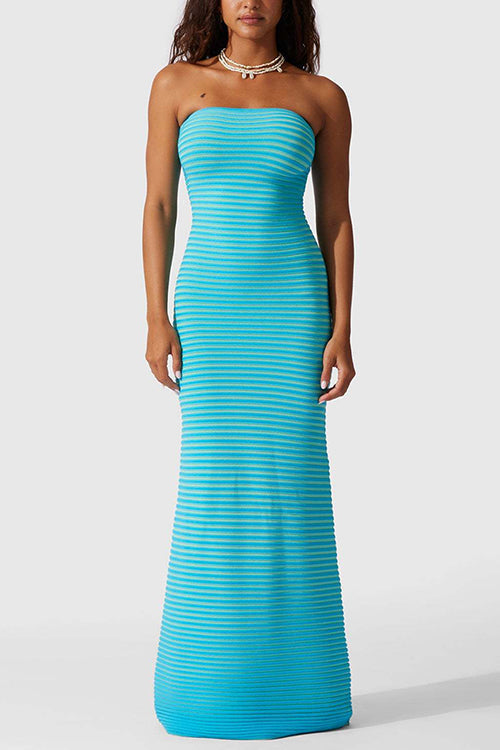 Strapless Tube Striped Knit Maxi Bodycon Dress Blue