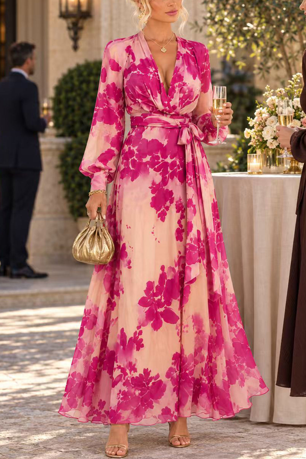 V-Neck Long Sleeve Floral Print Maxi Dress