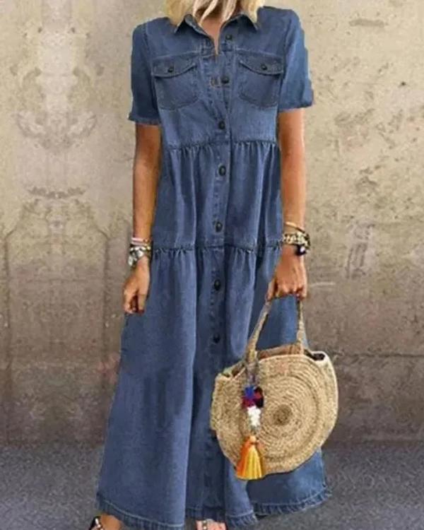 Clidress Button Down Denim Maxi Dress