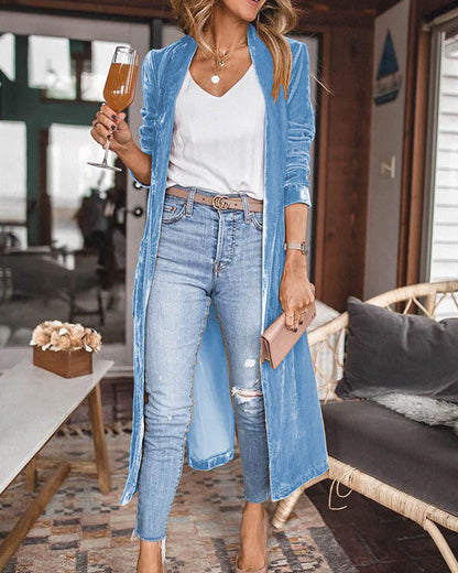Clidress Loose Elastic Velvet Long Cardigan Jacekt Coat