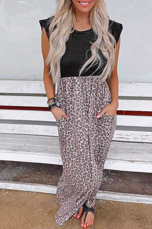 Ruffle Sleeve Leopard Splice Maxi Summer Dress Black