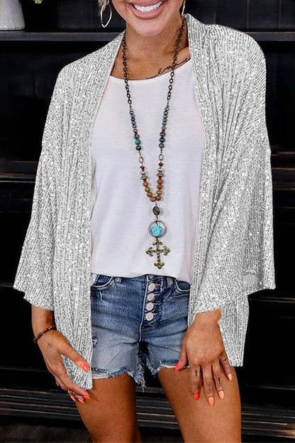 Open Front Kimono Sequin Cardigan Silver