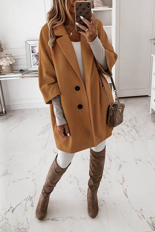 Lapel 3/4 Sleeve Pockets Midi Coat Khaki