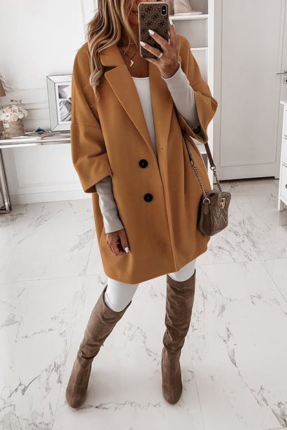 Lapel 3/4 Sleeve Pockets Midi Coat Khaki