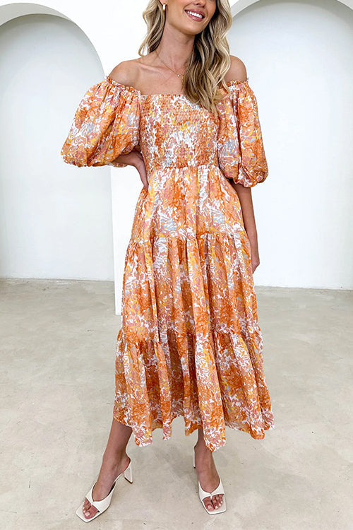 Off Shoulder Puff Sleeves Tiered Printed Midi Holiday Dress