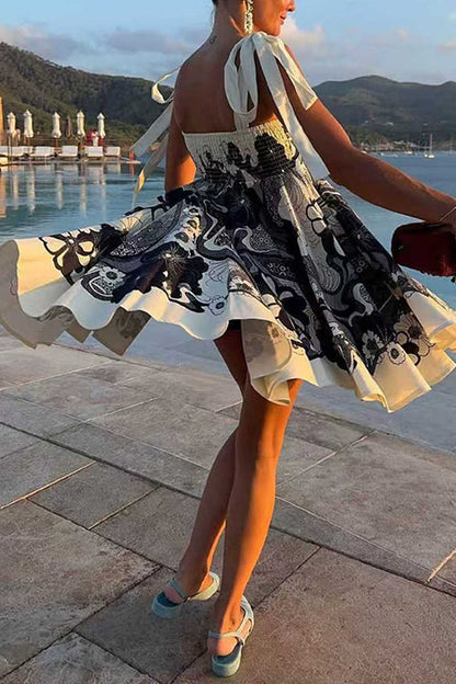 Bow Shoulder Sleeveless High Waist Floral Print Mini Dress