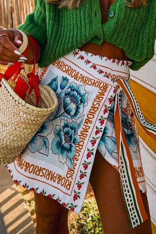 Unique Floral Printed Tie Waist Wrapped Mini Skirt Floral