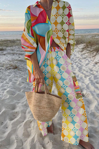 Contrast Print Long Sleeves Blouse Shirt and Pocketed Cargo Pants Set