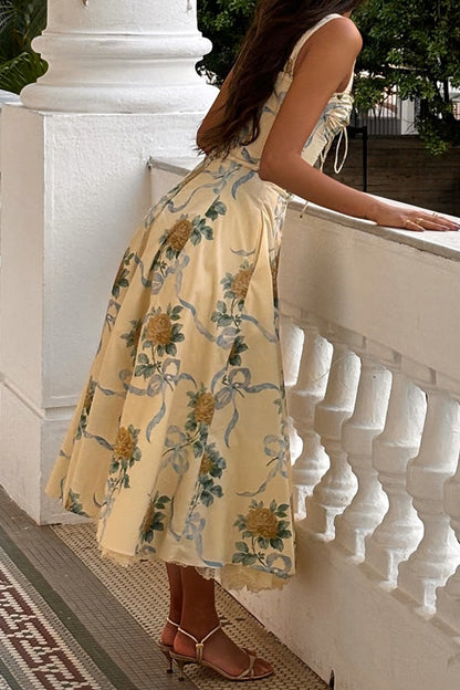 Lace Trim Drawstring Floral Print Midi Cami Dress