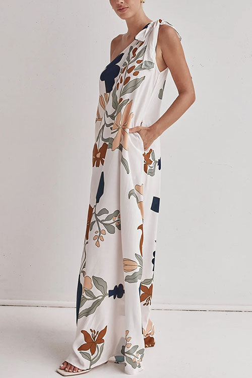 Tie Knot One Shoulder Floral Print Maxi Dress