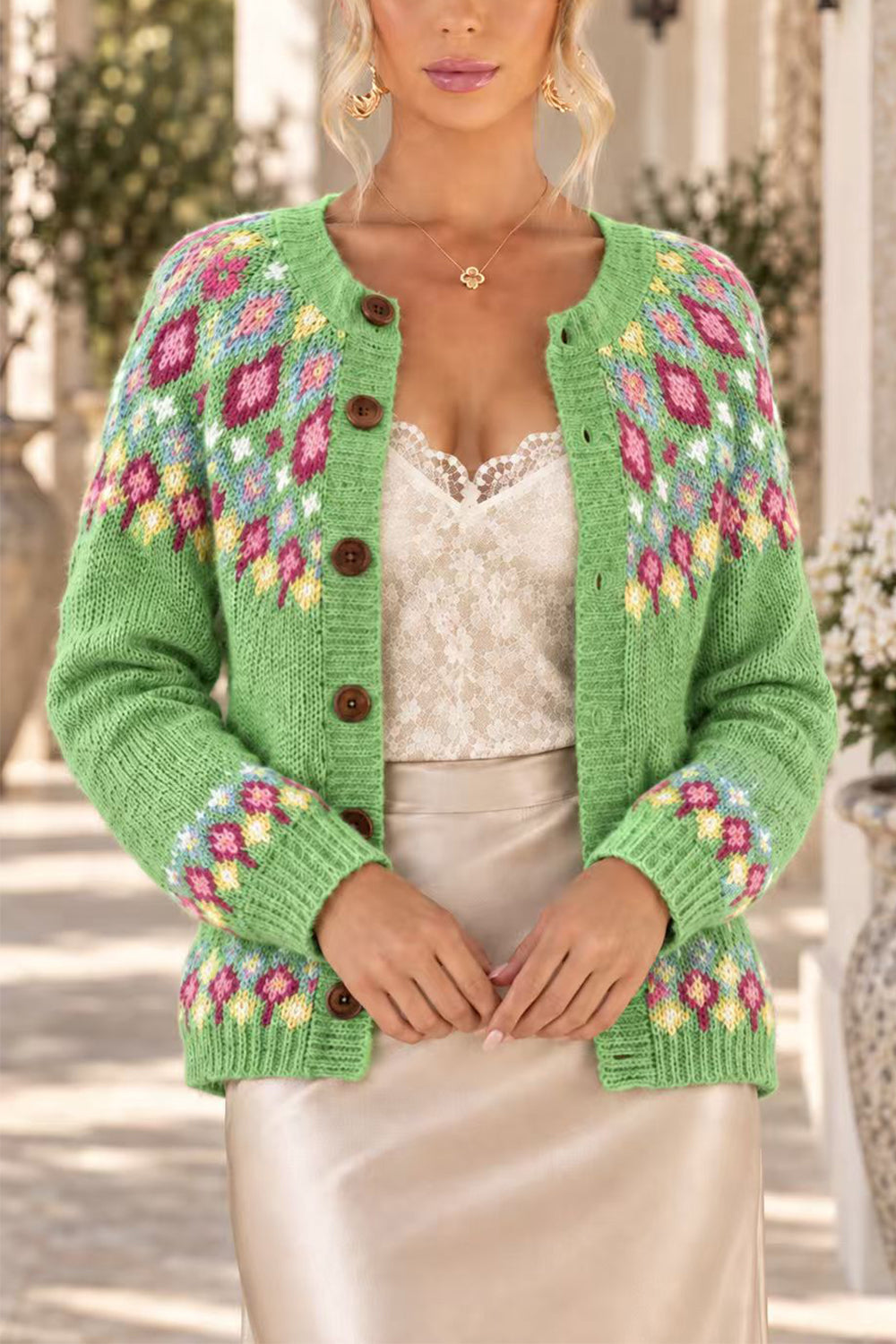 Button Down Printed Sweater Cardigan