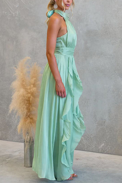 Halter Neck Waisted Ruffle Maxi Dress
