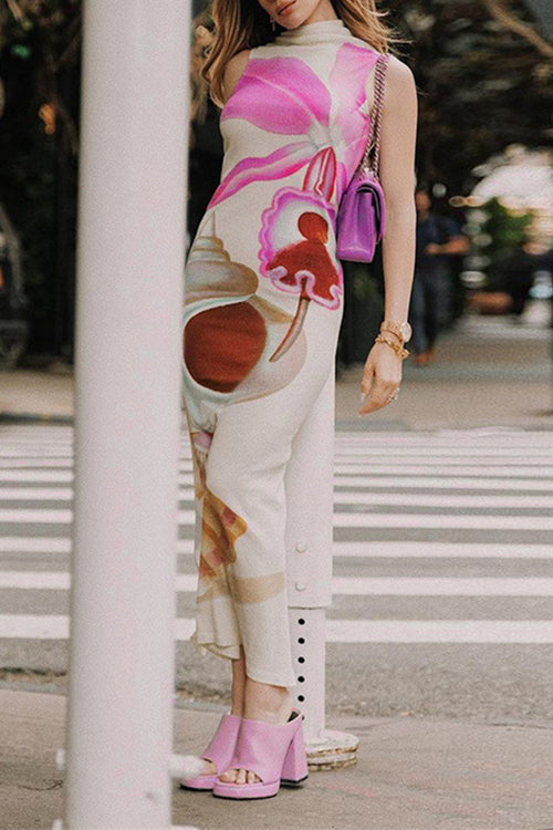 Mockneck Sleeveless Back Slit Floral Print Maxi Dress White