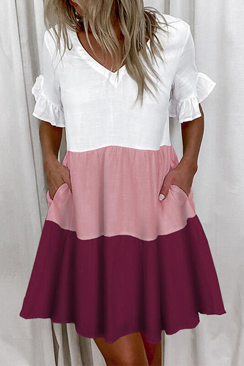 V Neck Ruffle Sleeves Color Block Mini Dress Pink