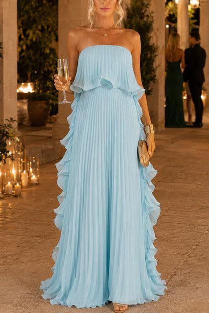 Strapless Tube Ruffle Pleated Swing Maxi Dress
