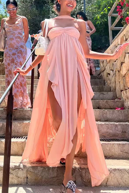 Sleeveless Open Back Ruffle Trim Slit Maxi Dress