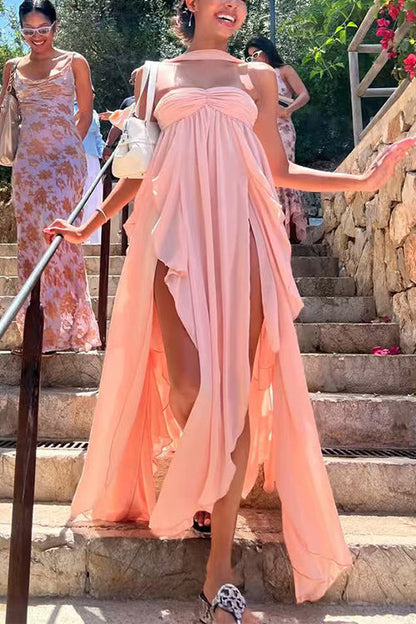 Sleeveless Open Back Ruffle Trim Slit Maxi Dress