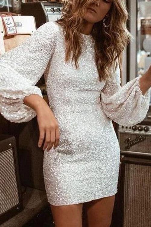 Clidress Sequin Puff Sleeve Sheath Party Dress