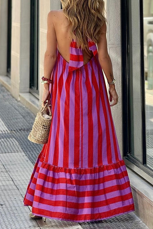 Halter Neck Open Back Striped Ruffle Maxi Vacation Dress
