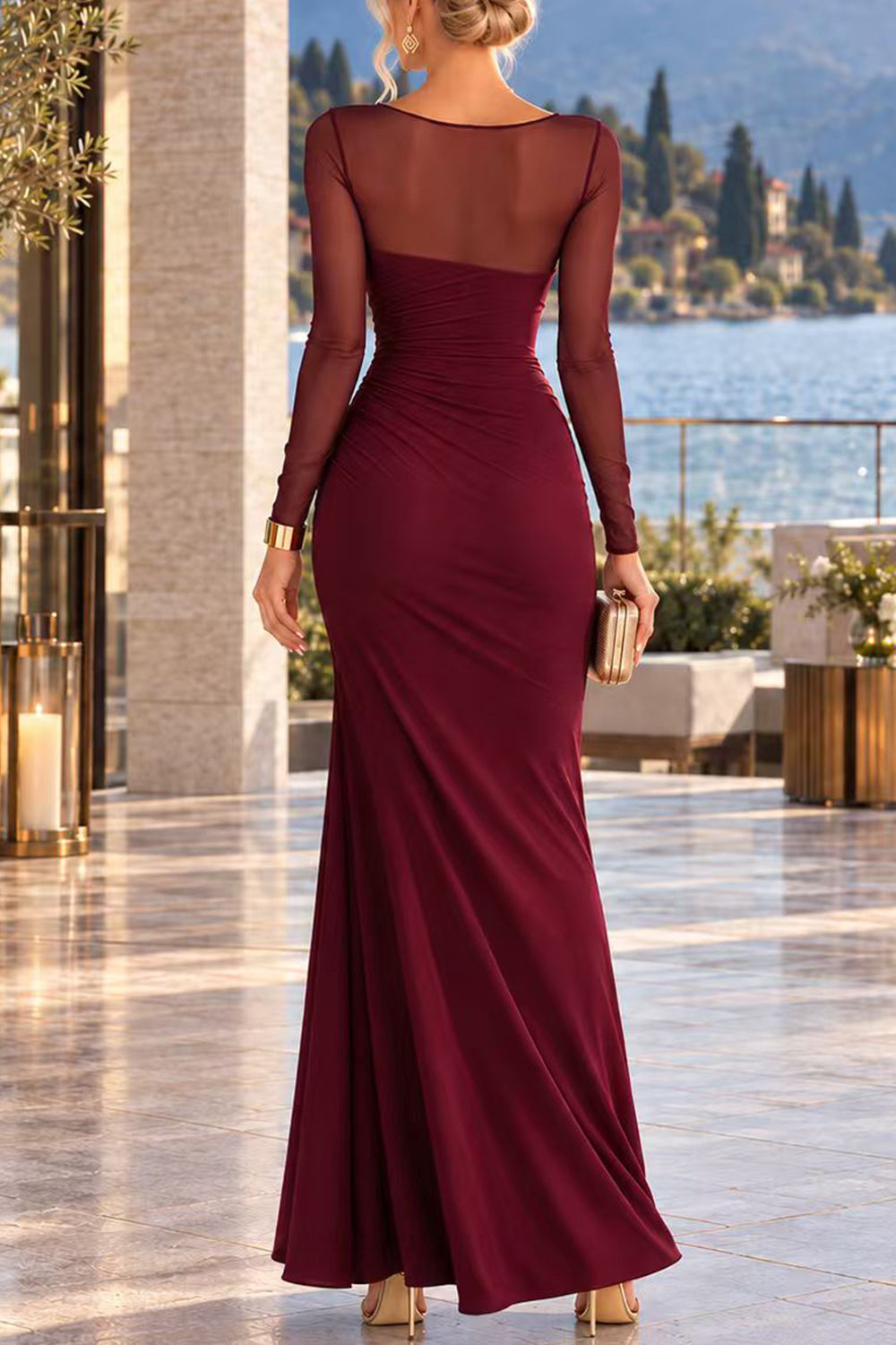Mesh Long Sleeve Ruched Slit Maxi Dress