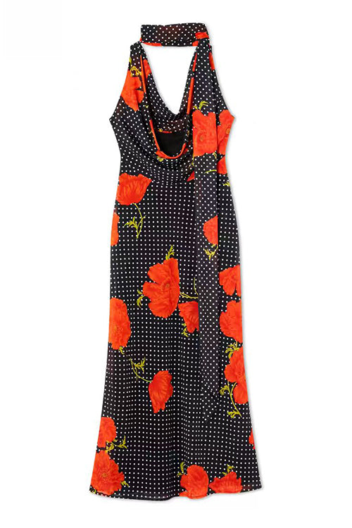 Cowl Neck Backless Floral Print Maxi Dress with Scarf