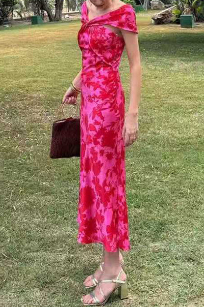 Twist Front High Waist Floral Print Midi Dress