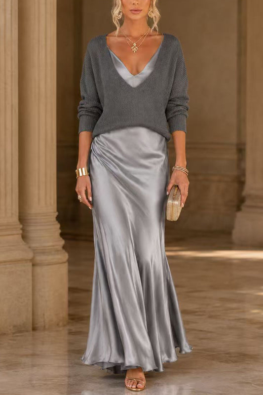 V Neck Drop Shoulder Sweater and Satin Maxi Cami Dress Set (F)