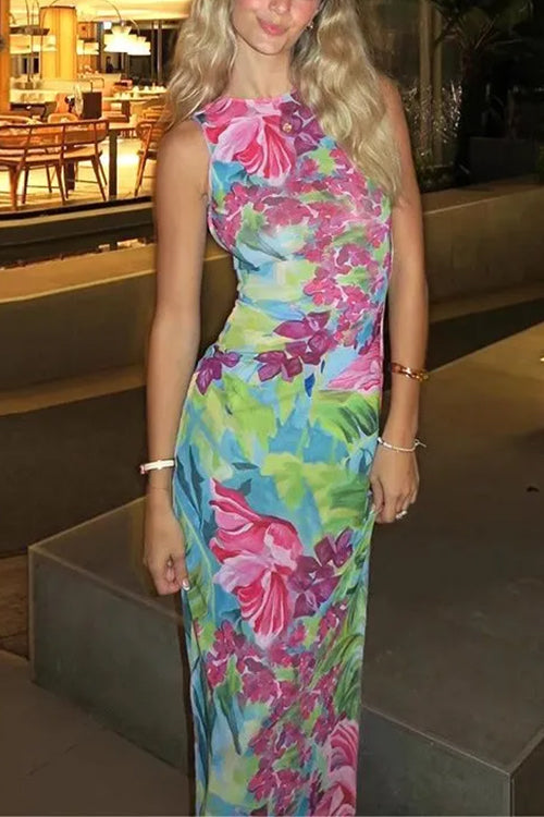 Sleeveless Back Cut Out Slit Tropical Floral Print Maxi Dress Green