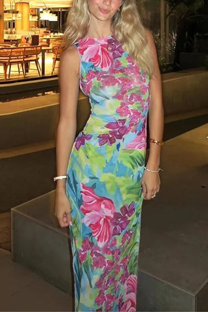 Sleeveless Back Cut Out Slit Tropical Floral Print Maxi Dress Green