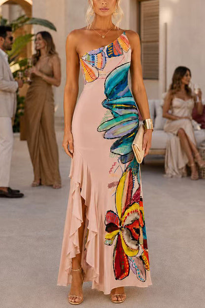 One Shoulder Sleeveless Floral Print Ruffle Hem Maxi Dress