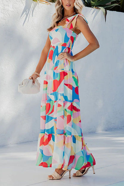 Bow Shoulder Ruffle Tiered Printed Flowy Maxi Cami Dress
