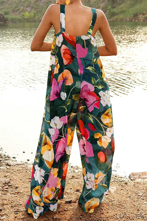 V Neck Sleeveless Floral Print Wide Leg Jumpsuit