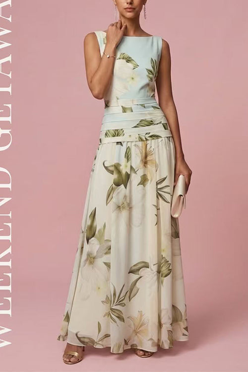 Boat Neck Sleeveless Floral Print Flowy Maxi Dress