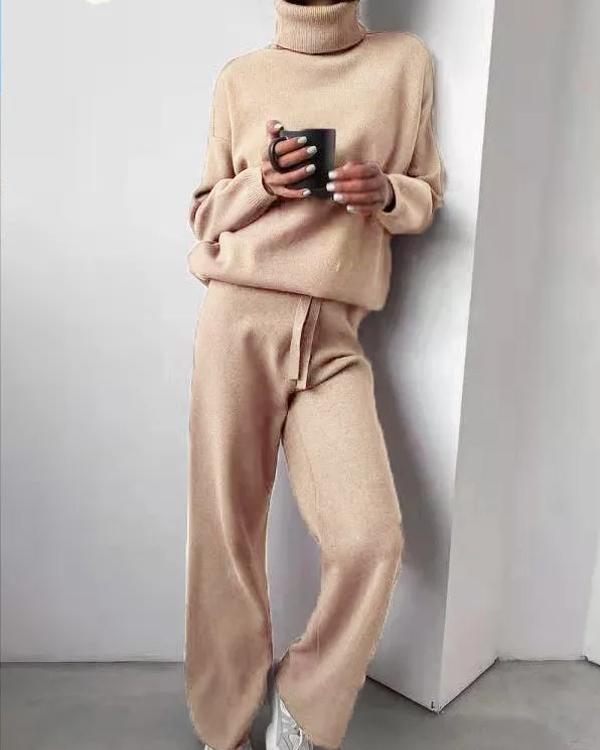 Clidress Turtleneck Sweater Knit Pants 2 Pieces Set