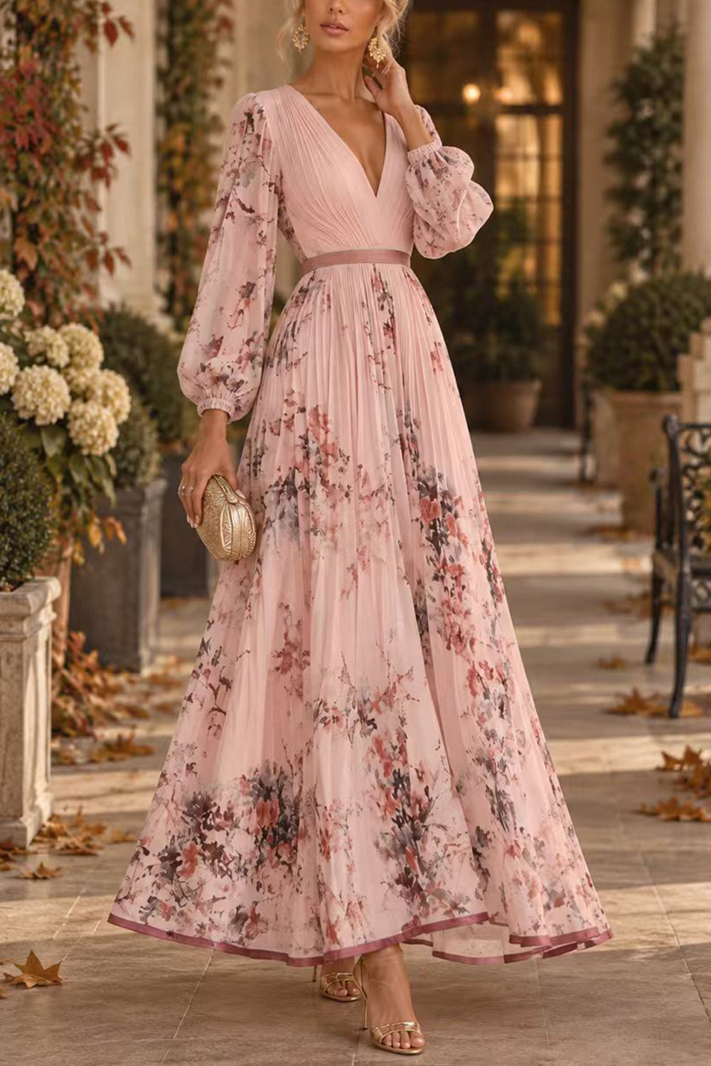 V Neck Lantern Long Sleeves Floral Print Pleated Maxi Dress (B)