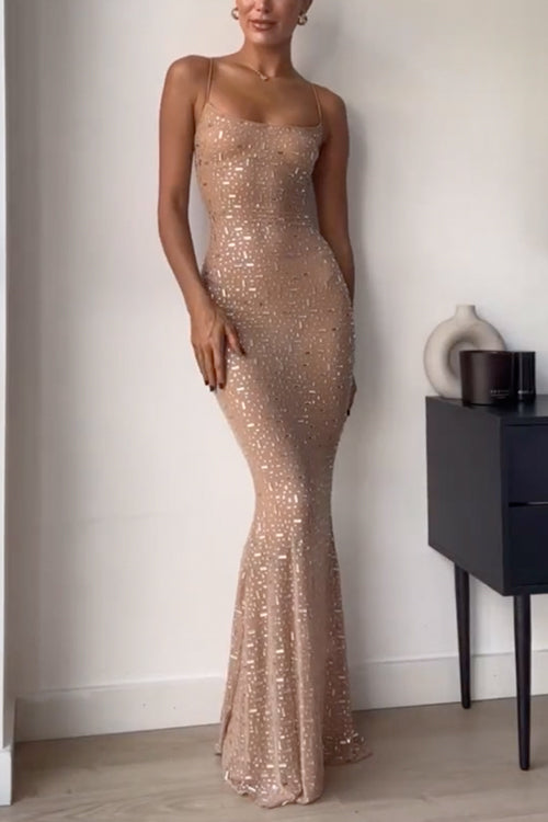 Sheer Embellished Scoop Neck Cami Maxi Evening Gown Nude