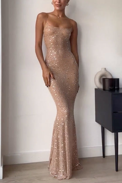 Sheer Embellished Scoop Neck Cami Maxi Evening Gown Nude
