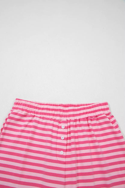 Stripe Drop Shoulder Round Neck Top and Buttoned Straight Pants Two Piece Set