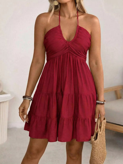 Plus Size Halter Neck Tiered Ruffle Hem Mini Dress