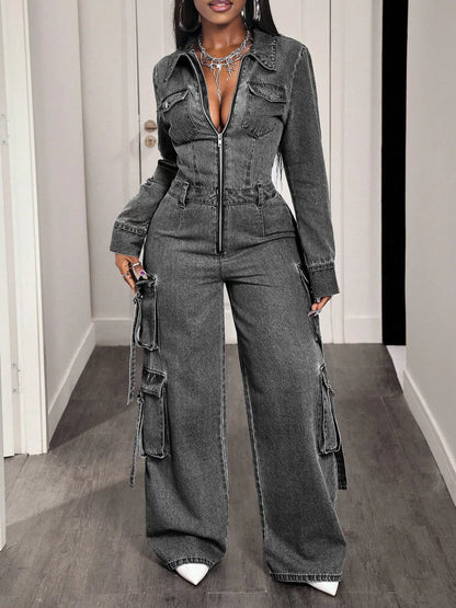 Zip Front Wide Leg Cargo Denim Jumpsuit