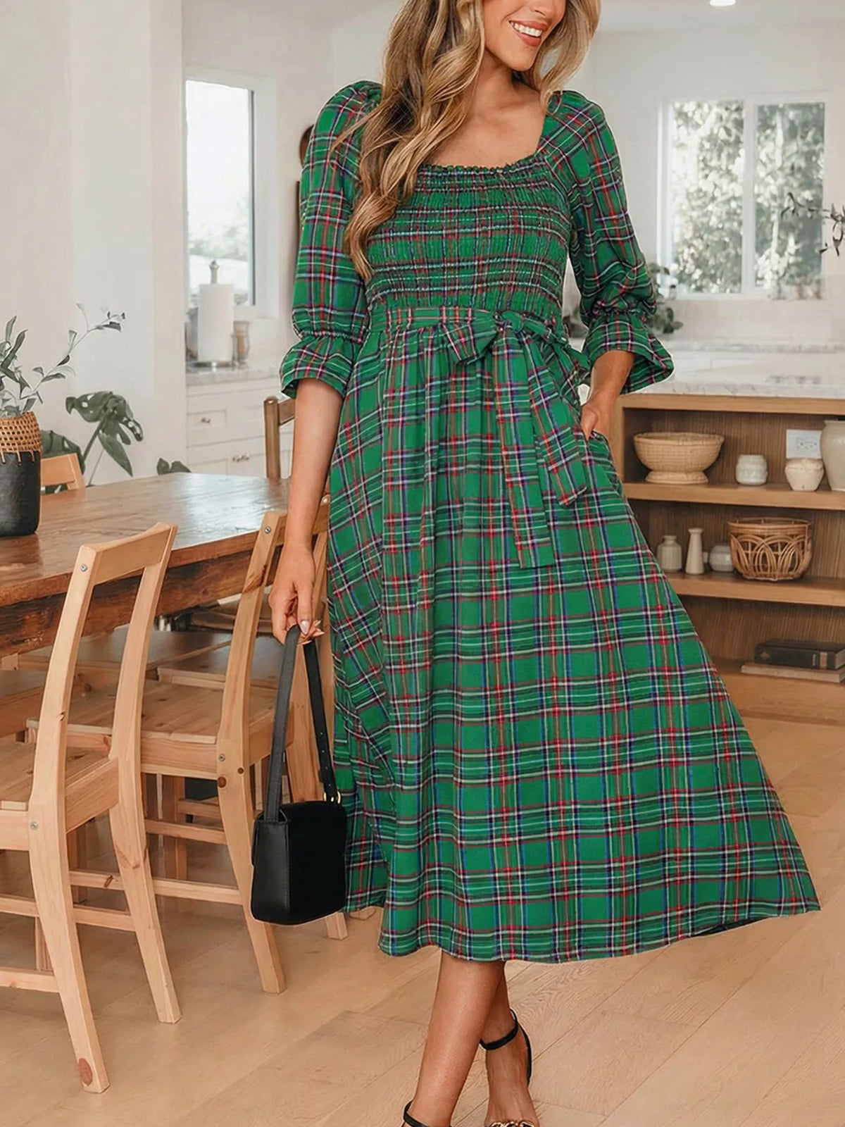 Plaid Square Neck Puff Sleeve Knot Waist Flared Midi Dress