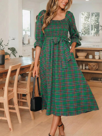Plaid Square Neck Puff Sleeve Knot Waist Flared Midi Dress