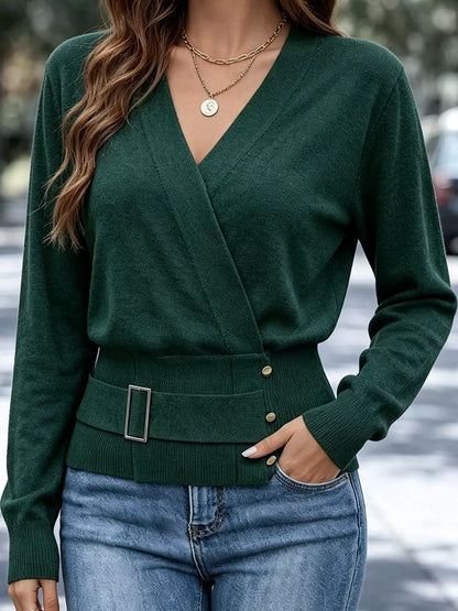 Surplice Elastic Waist Long Sleeve Knit Top