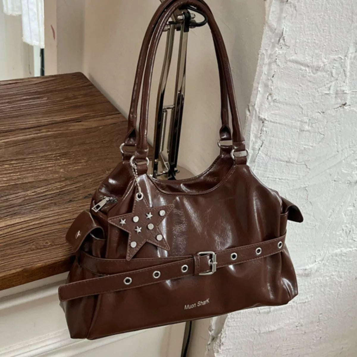 Buckle Detail Leather Shoulder Bag