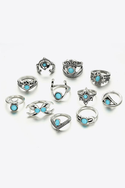 11-Piece Vintage Inlaid Artificial Turquoise Ring Set