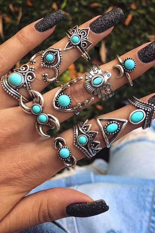 11-Piece Vintage Inlaid Artificial Turquoise Ring Set