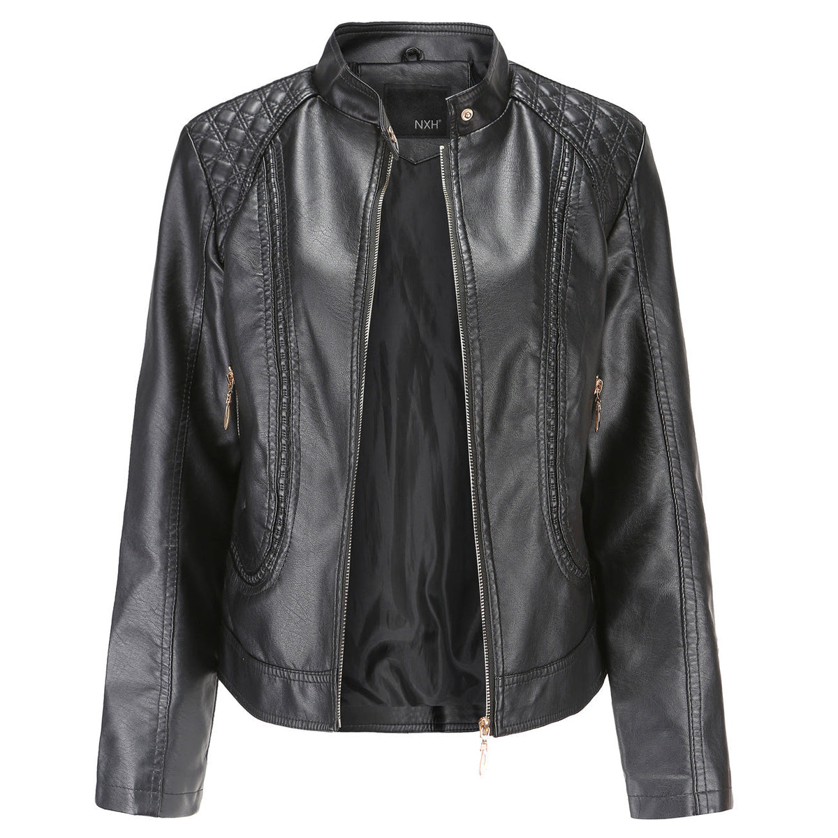 Stand Collar Faux Leather Jacket Black